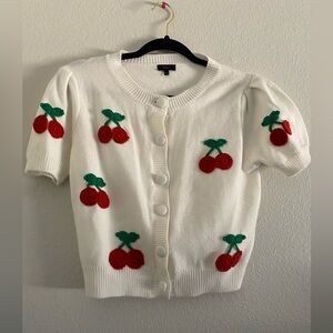 Debut Cardigan Top Cherry White Crochet Embroidery S Retro Boho